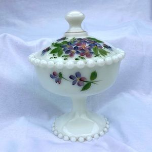 Consolidated Glass Opaque 
Lidded Pedestal 
Compote with Hand Painted Flowers